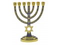 Seven Branch Menorah, Gold with Gray Enamel Judaic Symbols and Star of David - 9.5