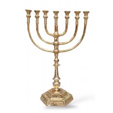 Seven Branch Menorah in Decorative Gold Colored Brass with Jerusalem Design  18 