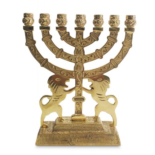 Seven Branch Menorah in Decorative Gold Colored Brass with Prancing Lions  9