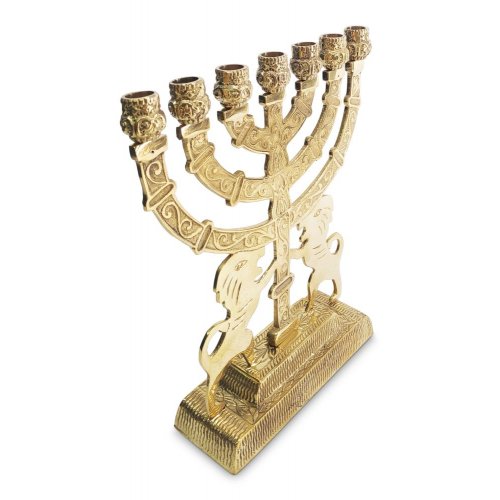 Seven Branch Menorah in Decorative Gold Colored Brass with Prancing Lions  9