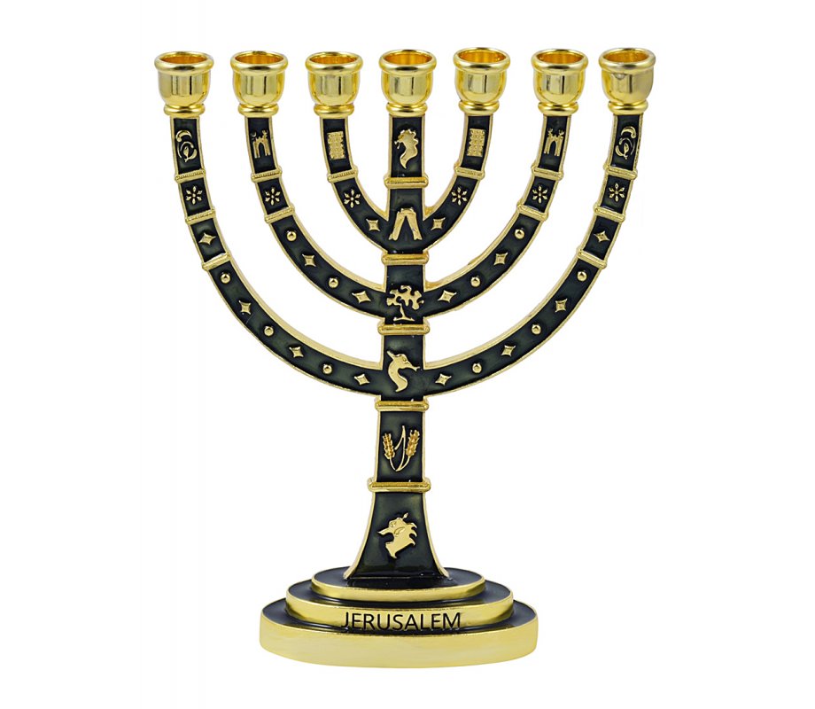 Seven Branch Menorah with Judaic Images in Gold on Dark Green Enamel - 9.5”