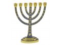 Seven Branch Menorah with Judaic Images in Gold on Gray Enamel  9.5