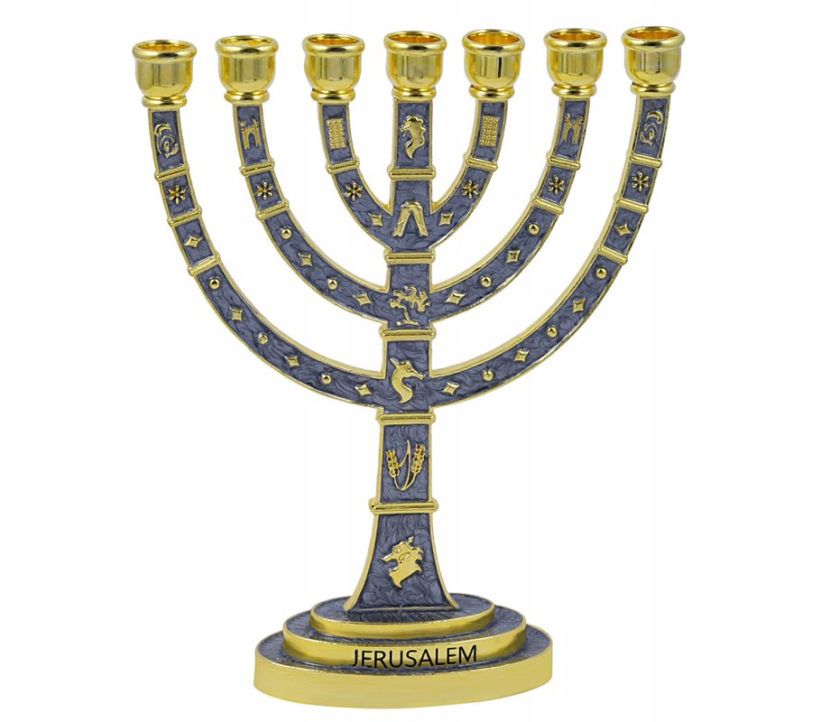Seven Branch Menorah with Judaic Images in Gold on Gray Enamel – 9.5”