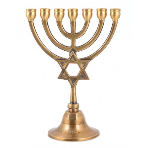 Seven Branch Small Menorah, Antique Dark Gold Brass with Star of David on Stem - 7.5