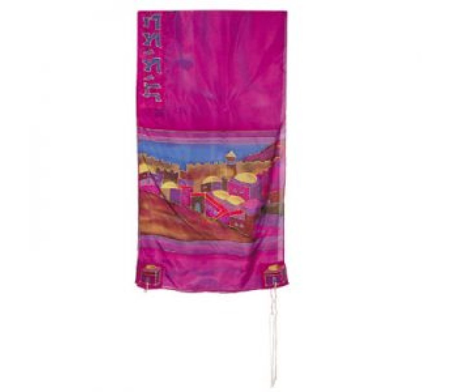 Silk Prayer Shawl Set with Hand Painted Colorful Jerusalem Views - Yair Emanuel