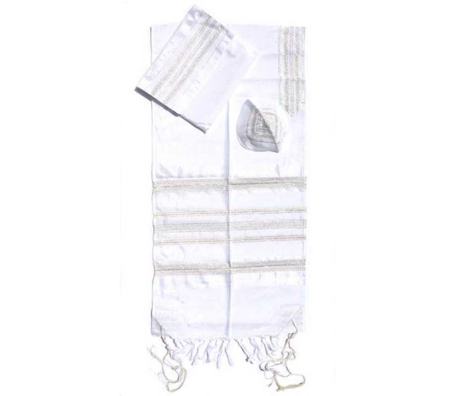 Silk Prayer Shawl Set with Handwoven Gold and Silver Stripes - Gabrieli