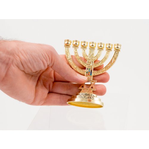 Small Seven Branch Gold Menorah with Star of David & Breastplate - 4 Inches High