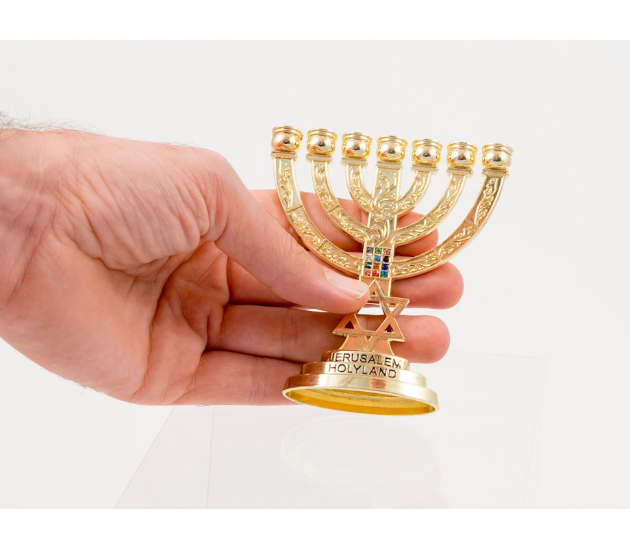 Small Seven Branch Gold Menorah with Star of David & Breastplate - 4 Inches High