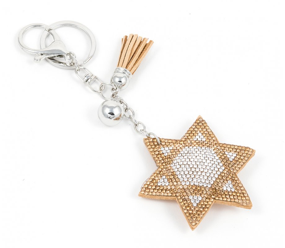 Star of David Key Chain, Padded Felt with Gold and Silver Glitter Stones and Tassel