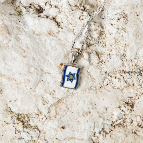 Sterling Silver Necklace, Blue and White Flag of Israel Pendant with Star of David