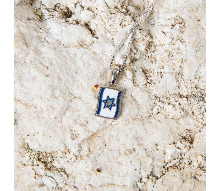 Sterling Silver Necklace, Blue and White Flag of Israel Pendant with Star of David