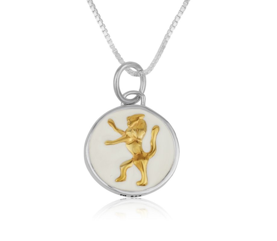 Sterling Silver Necklace with Circle Pendant, Gold Plated Lion of Judah on White