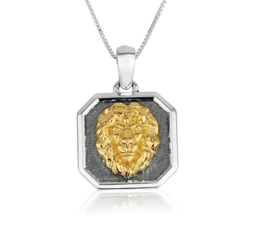 Sterling Silver Necklace with Pendant, Gold Plated Head of Lion of Judah