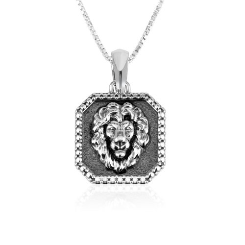 Sterling Silver Necklace with Pendant, Lion of Judah on Dark Silver  Dotted Border