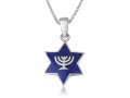 Sterling Silver Pendant Necklace - Blue Enamel Temple Menorah on Star of David - Jerusalem Reverse