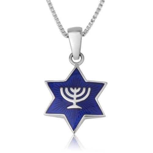 Sterling Silver Pendant Necklace - Blue Enamel Temple Menorah on Star of David - Jerusalem Reverse