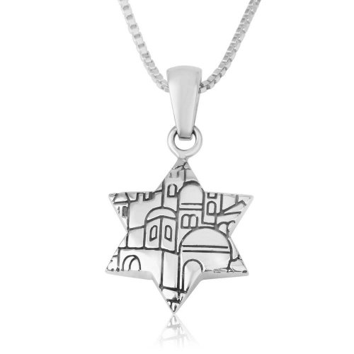 Sterling Silver Pendant Necklace - Blue Enamel Temple Menorah on Star of David - Jerusalem Reverse