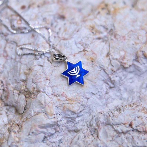 Sterling Silver Pendant Necklace - Blue Enamel Temple Menorah on Star of David - Jerusalem Reverse