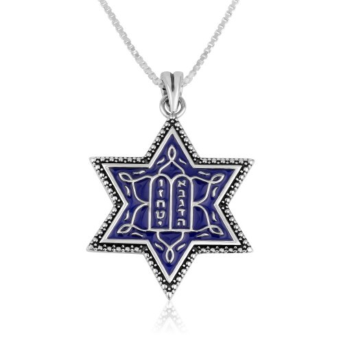 Sterling Silver Pendant Necklace - Blue Enamel Ten Commandments on Star of David