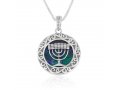 Sterling Silver Pendant Necklace - Framed 7-Branch Menorah on Eilat Stone