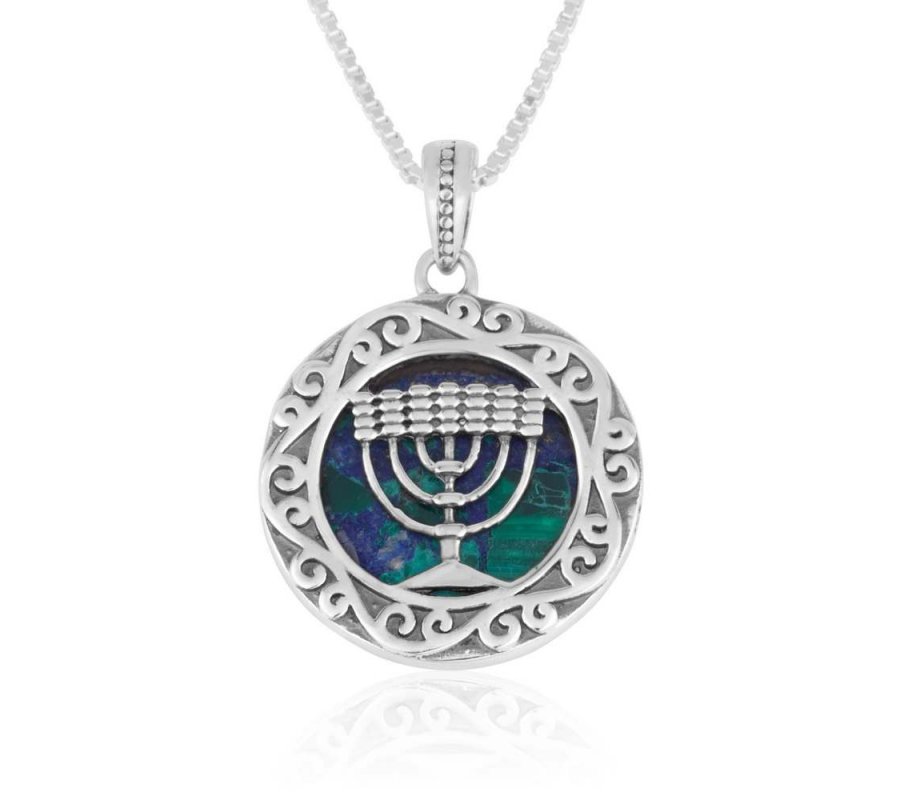 Sterling Silver Pendant Necklace - Framed 7-Branch Menorah on Eilat Stone