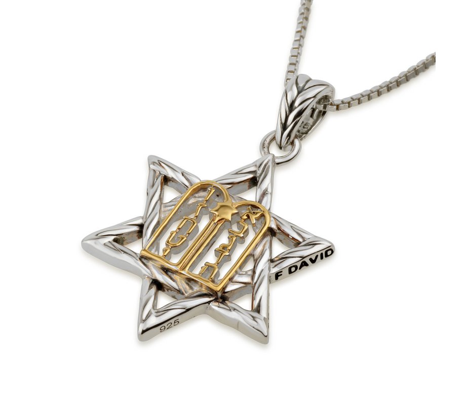 Sterling Silver Pendant Necklace - Gold Plated Ten Commandments on Star of David