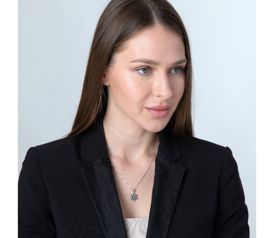 Sterling Silver Pendant Necklace with Temple Menorah and Eilat Stone on Star of David