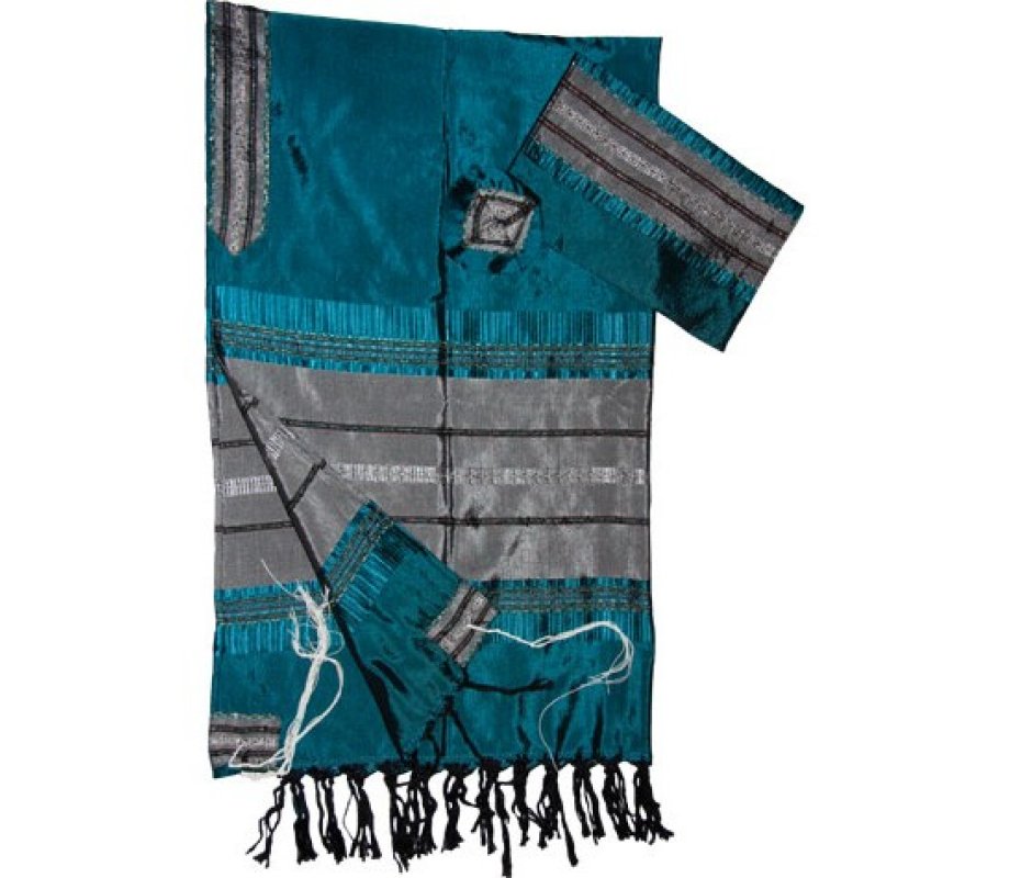 Teal Silk Handwoven Tallit Prayer Shawl Set Blue and Silver Stripes - Gabrieli