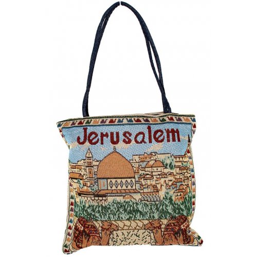 Tote Bag with Colorfully Embroidered Jerusalem Design - Zippered Fabric