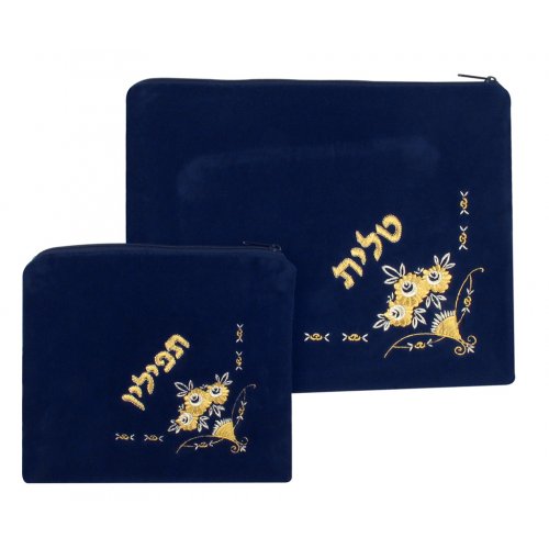 Velvet Prayer Shawl and Tefillin Bag Set with Gold Silver Bouquet Design - Navy Blue