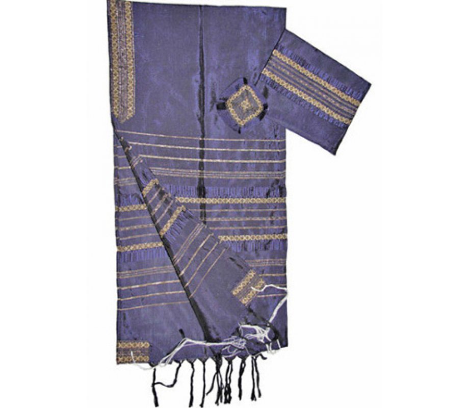 Violet with Gold Stripes Handwoven Silk Tallit Prayer Shawl Set - Gabrieli