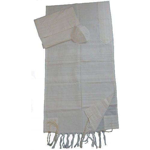 White Handwoven Cotton Prayer Shawl Set - Gabrieli