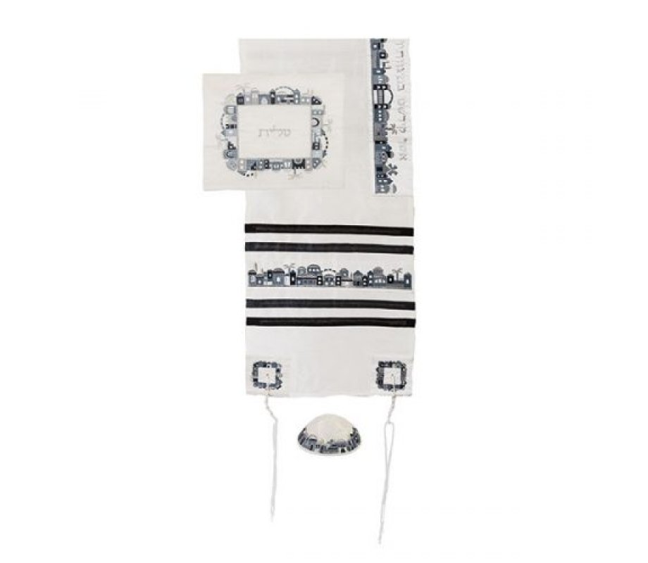White Polysilk Prayer Shawl Set Black Embroidered Jerusalem Design - Yair Emanuel