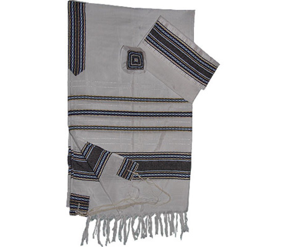 White Silk Handwoven Prayer Shawl Set with Gold and Blue Stripes - Gabrieli