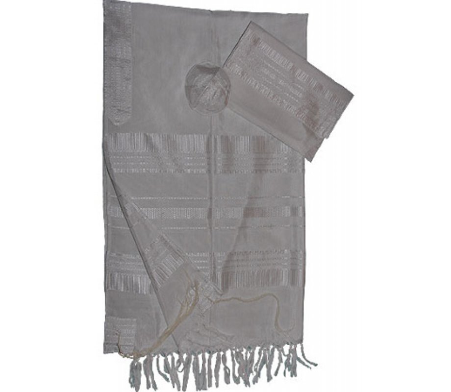 White Silk Handwoven Tallit Set with White Stripes - Gabrieli