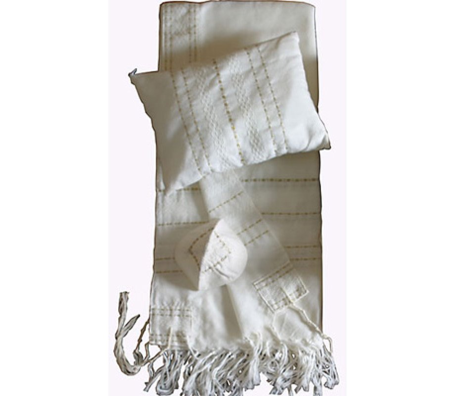 White Wool Handwoven Prayer Shawl Set with Gold Stripes - Gabrieli