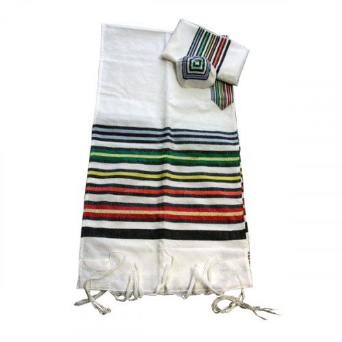 White Wool Handwoven Prayer Shawl Set with Joseph Coat Stripes - Gabrieli