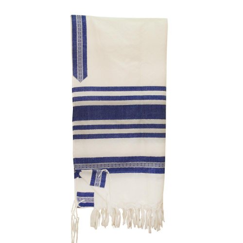 White Wool Handwoven Prayer Shawl Set with Silver and Blue Stripes - Gabrieli