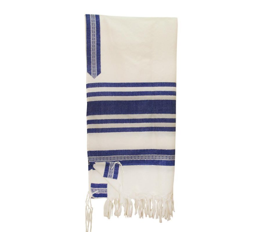 White Wool Handwoven Prayer Shawl Set with Silver and Blue Stripes - Gabrieli