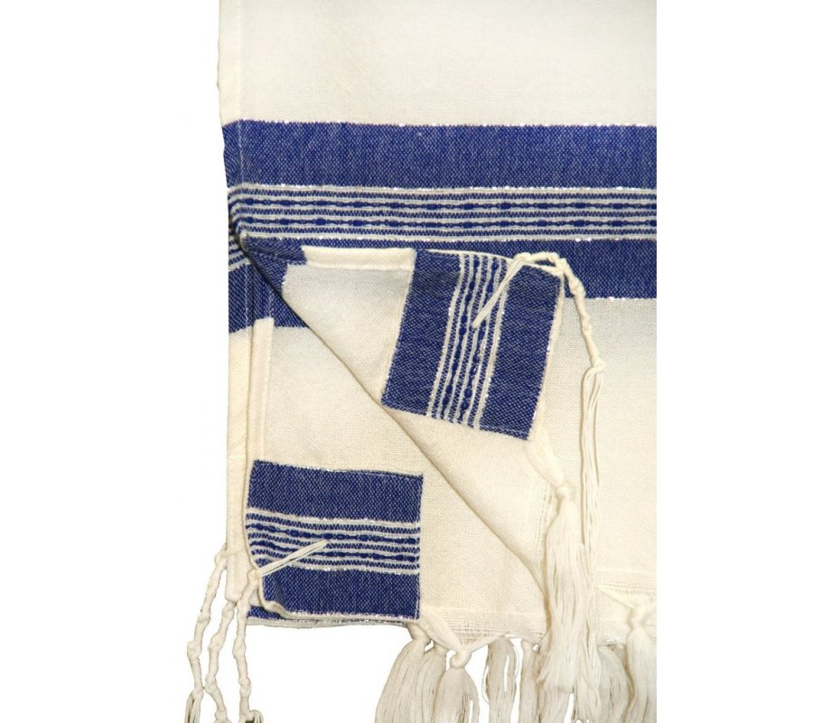 White Wool Handwoven Prayer Shawl Set with Silver and Blue Stripes - Gabrieli