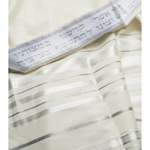 Wool Prayer Shawl with White and Silver Stripes - Talitania