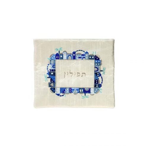 Yair Emanuel Embroidered Bags, Prayer Shawl and Tefillin  Blue Jerusalem on Off-White