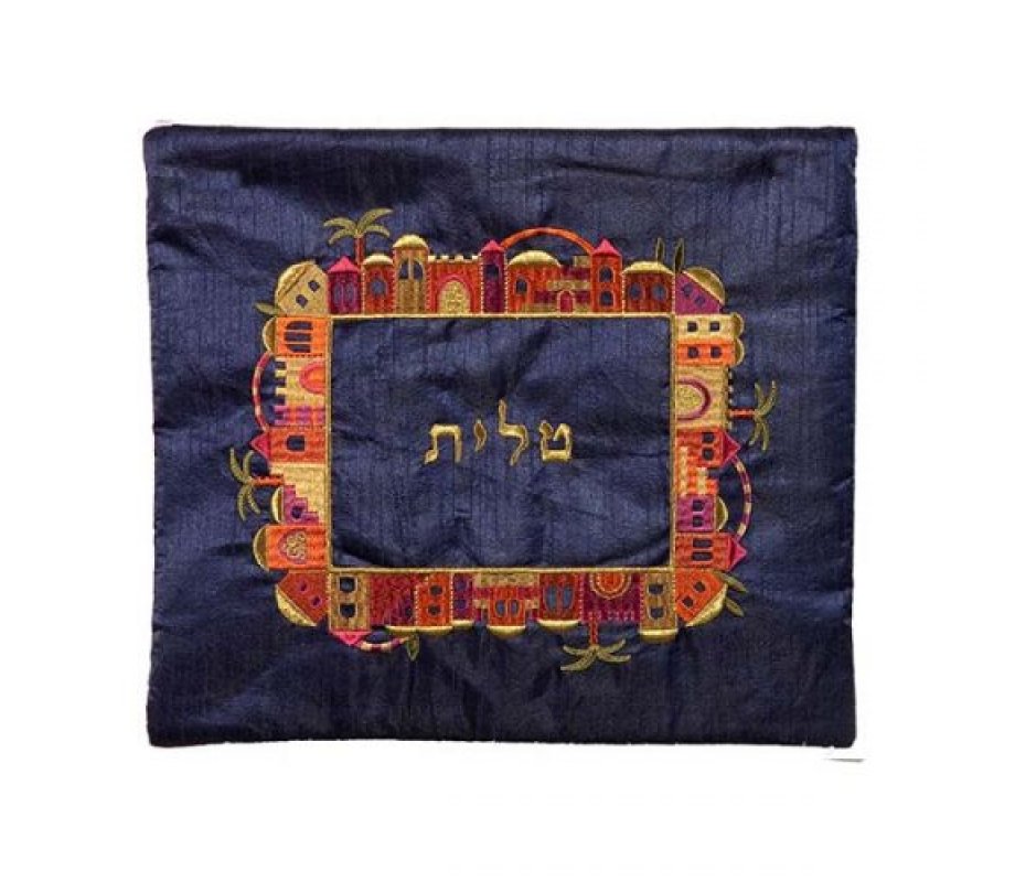 Yair Emanuel Embroidered Bags for Prayer Shawl and Tefillin - Jerusalem on Blue