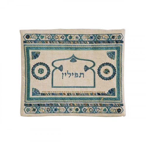 Yair Emanuel Embroidered Linen Tallit & Tefillin Bag, Turquoise - Oriental Motifs