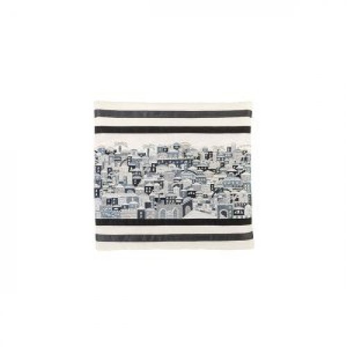 Yair Emanuel Embroidered Prayer Shawl Bag, Panoramic Jerusalem - Black and Gray