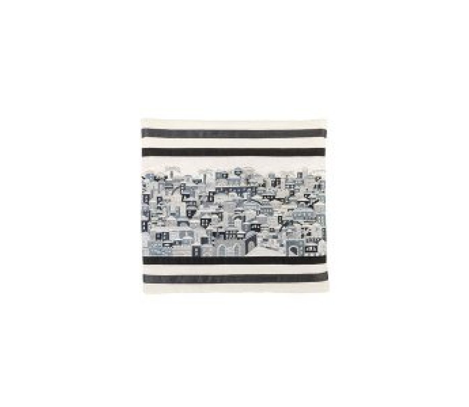 Yair Emanuel Embroidered Prayer Shawl Bag, Panoramic Jerusalem - Black and Gray