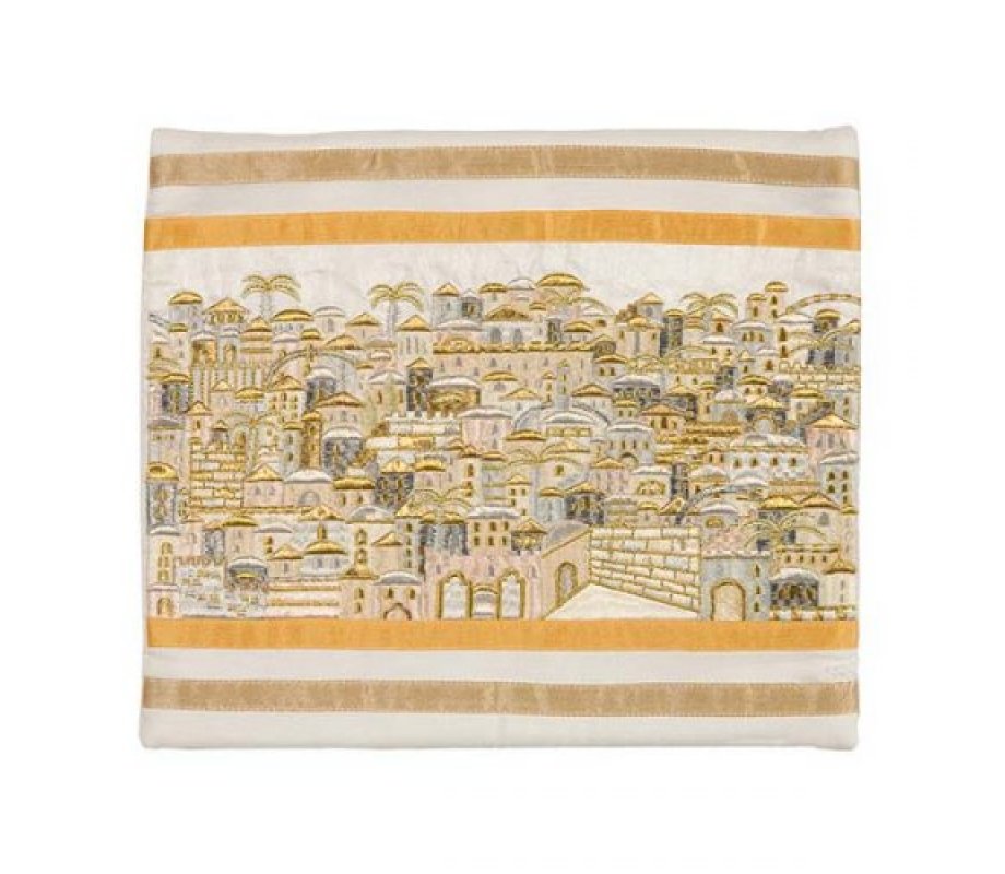 Yair Emanuel Embroidered Prayer Shawl Bag, Panoramic Jerusalem - Gold and Silver