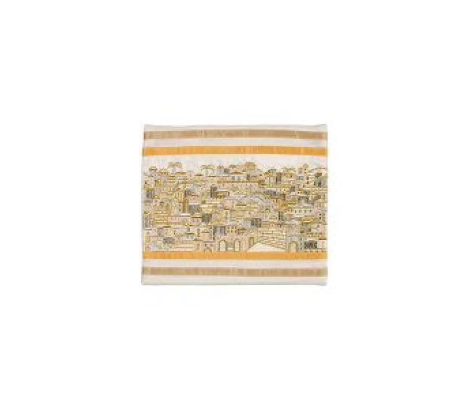 Yair Emanuel Embroidered Prayer Shawl Bag, Panoramic Jerusalem - Gold and Silver
