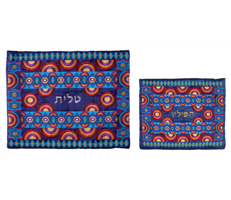 Yair Emanuel Embroidered Prayer Shawl Set, Multiple Stars of David - Blue and Red