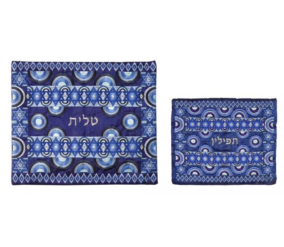 Yair Emanuel Embroidered Prayer Shawl Tallit Bag Set, Blue - Multiple Stars of David